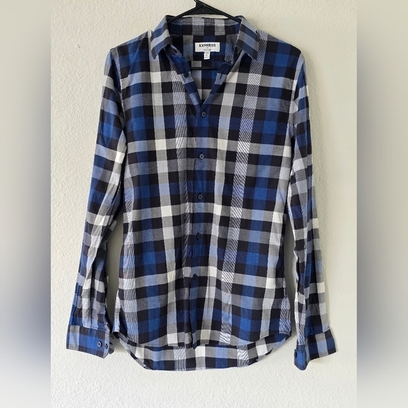Express Plaid Shirt Mens Sz S Blue Black White Long Sleeve Button Up Academia - Picture 3 of 11